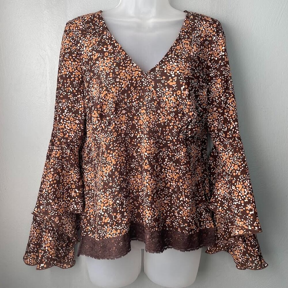 Vintage Y2K Top Size M Babydoll Brown Ditzy Floral Lace Trim Boho Fairy Grunge